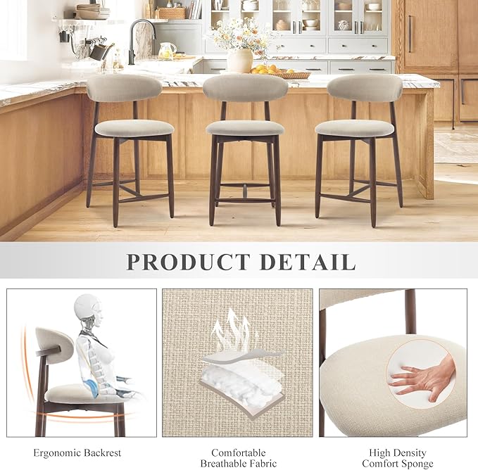 COLAMY Counter Height Bar Stools Set of 2, Kitchen Bar Stools with Back, Mid Century Modern Upholstered, with Wood Legs for Kitchen Island Dining Room, Beige