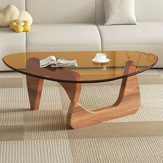 EASYSOUL Modern Glass Coffee Table, 44.88" D x 32.28" W x 15.75" H, Abstract Round Tea Tables for Living Room Home Office Industrial Cocktail Tables (Walnut-Brown Glass, 44.88")