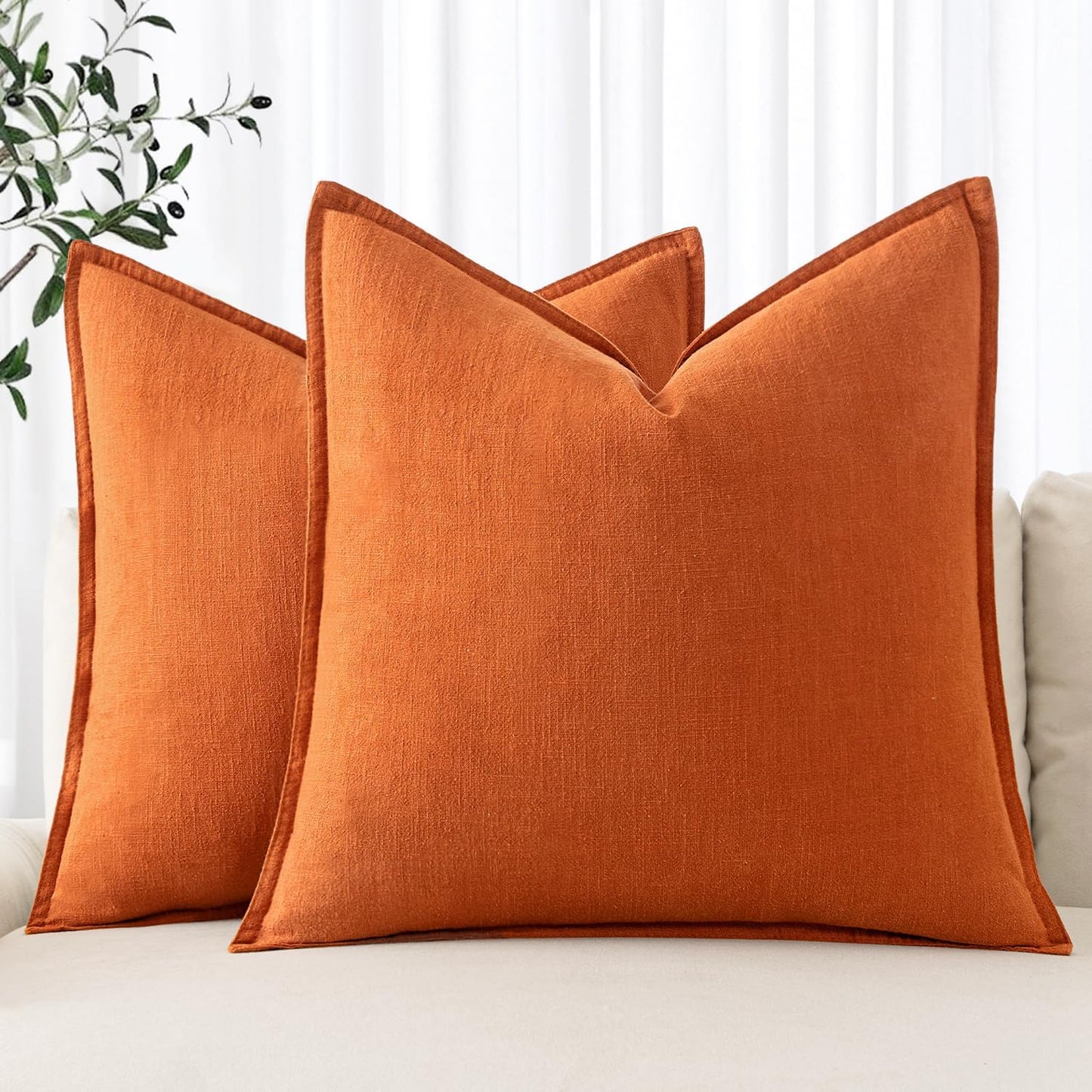 MIULEE Fall Decorative Linen Pillow Covers 18x18 Inch Orange Boho Farmhouse Neutral Couch Throw Pillows for Bed Pack of 2 Accent Modern Pillowcase Summer Sofa Livingroom Home Decor