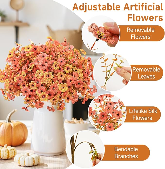 SHareconn 36 Bundles Artificial Fall Flowers for Outdoors Decoration, UV Resistant Silk Eucalyptus Lavender Faux Autumn Fake Plants for Outside Indoor Garden Yard Porch Home Decor, Autumn Orange-Red