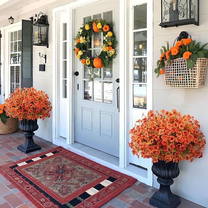 20 Bundles Artificial Fall Flowers for Outdoors Decoration, Fake Mums Silk Daisy Faux Plastic Plants Boston Fern UV Resistant for Autumn Thanksgiving Garden Planters Home Decor, Orange