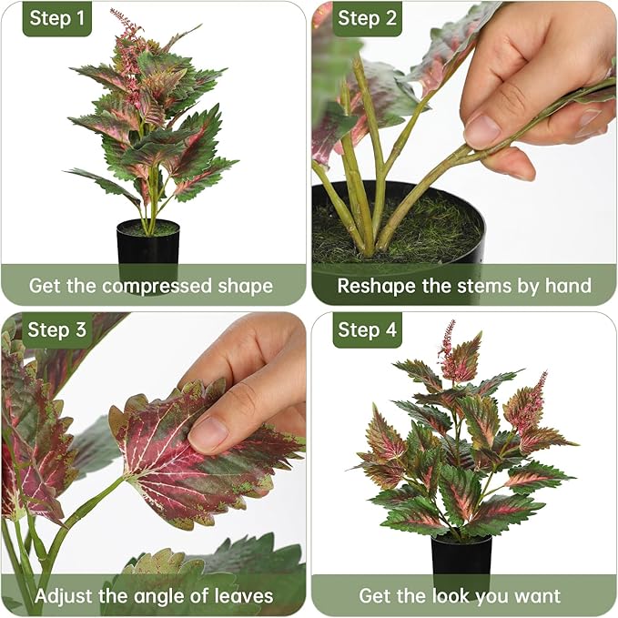 Artificial Plants Indoor with Pot 16.9" Faux Potted Perilla Plants Indoor Decorative Silk Greenery in Black Pot for Farmhouse Home Bathroom Living Room Office Table Shelf Decor