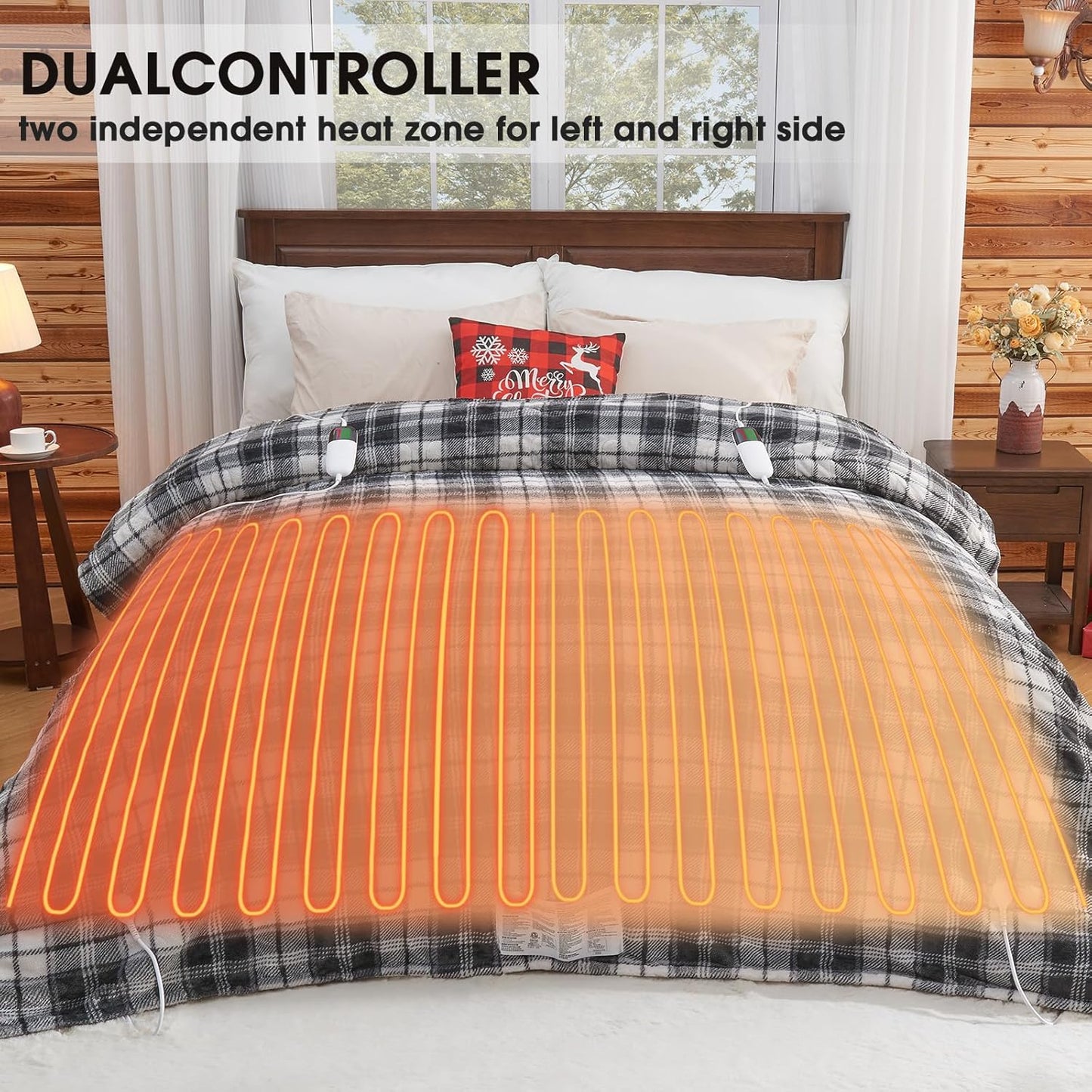 Black Electric Heated Blanket King Size, 90X100 Black Blanket with Dual Control&10 Heats Levels&Timer for Bed,Large Plaid Sherpa Heating Blankets Warmer Gifts for Grandma Women Adults,Washable, ETL