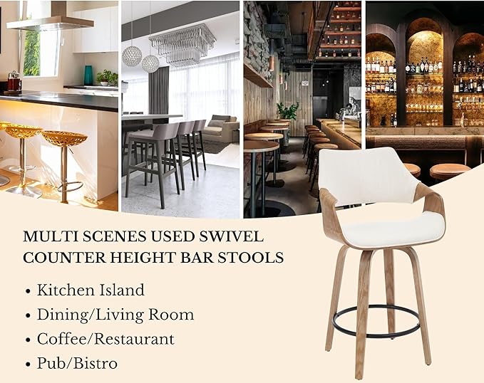 26 Inch Modern Barrel Swivel Counter Stools Counter Height Swivel Bar Stools with Backs Set of 6, Cream Linen Upholstered Bar Height Island Chairs, Farmhouse Solid Wood Barstools for Kitchen Island