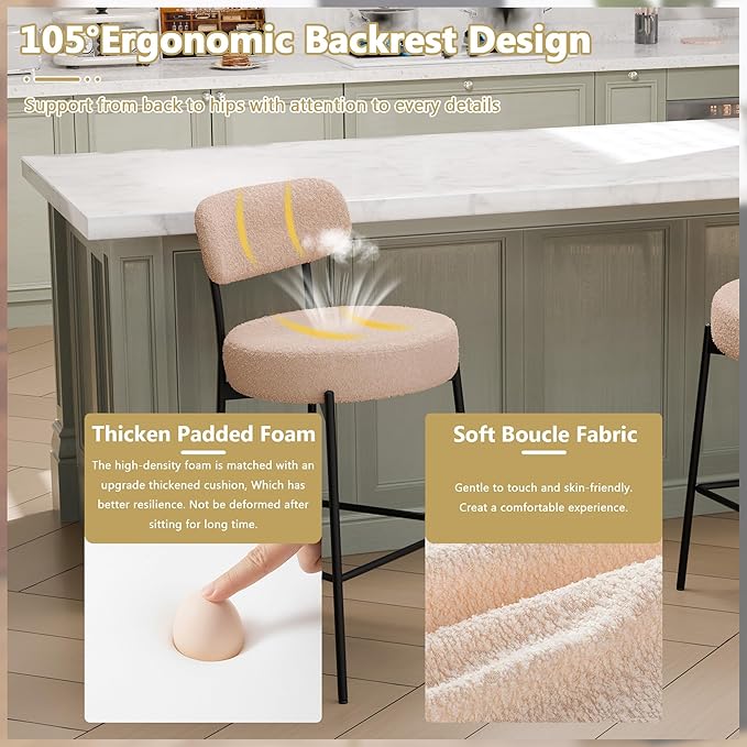 DYHOME Bar Stools Set of 3, Beige 27.56 Inches Counter Height Bar Stools with Back, Mid-Century Modern Bar Chairs for Kitchen Island, Dining Room