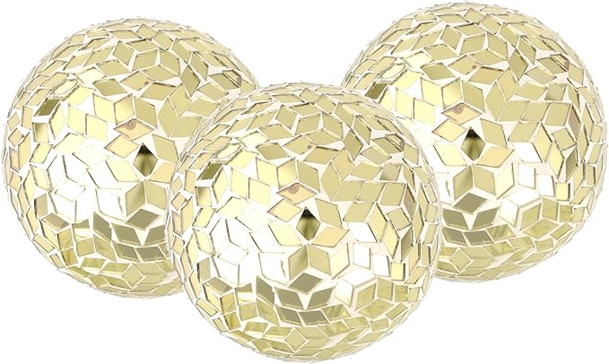 Alpha Living Home 3.5" Glass Mosaic Elegant Antique Gold Metal Sphere Set of 3 - Chic Centerpieces, Farmhouse & Art Deco Home Accents, Vintage Modern Table Decor, Indoor/Outdoor Ornament (Gold)