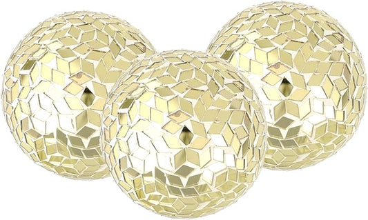 Alpha Living Home 3.5" Glass Mosaic Elegant Antique Gold Metal Sphere Set of 3 - Chic Centerpieces, Farmhouse & Art Deco Home Accents, Vintage Modern Table Decor, Indoor/Outdoor Ornament (Gold)