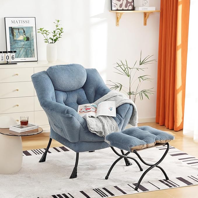 Cozy Lazy Chair and Ottoman, Large Contemporary Accent Lounge Chair Set, Leisure Upholstered Reading Armchair for Bedroom, Living Room, Dorm Rooms, Office