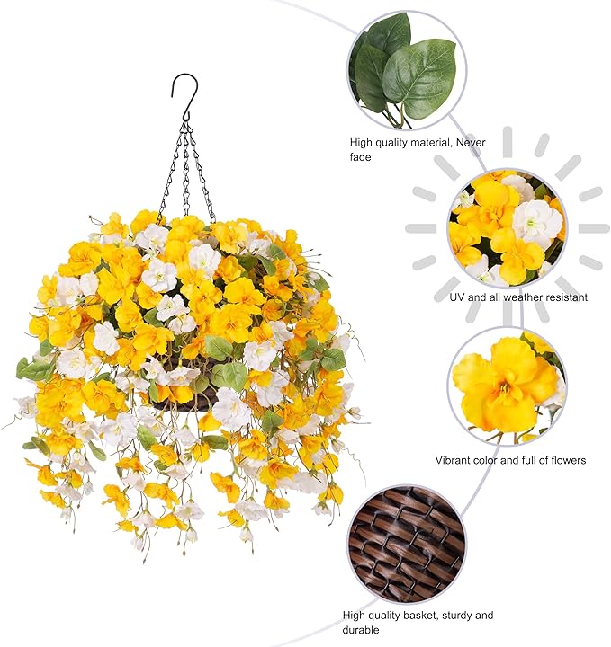 Artificial Fake Fall Hanging Flower Plants Basket for Outdoors Decoration, Faux Silk Hibiscus Long Vines in Planter UV Resistant Realistic Flowers for Outside Patio Porch Home Decor (YellowWhite)
