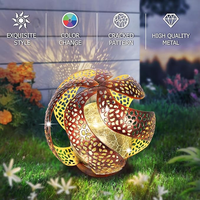 Solar Lights Outdoor - Ramadan Decor for Outside Garden, Hollow Light With Glass Globe, Lantern Gardening Gifts for Women, Mom, Pathway, Balcony, Tabletop Decoration