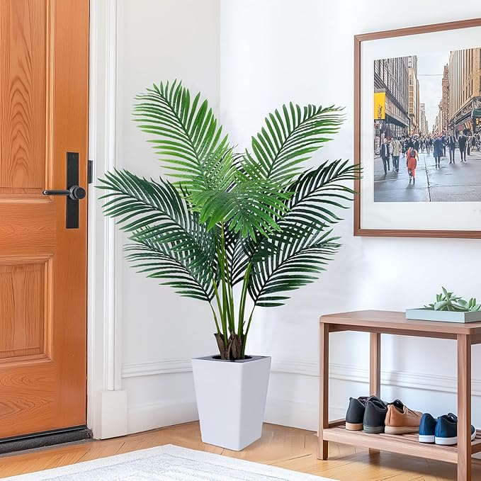5FT Artificial Palm Tree with White Tall Planter - Fake Tree Areca Floor Plant in Pot - Artificial Silk Plants for Indoor Home Office Decor