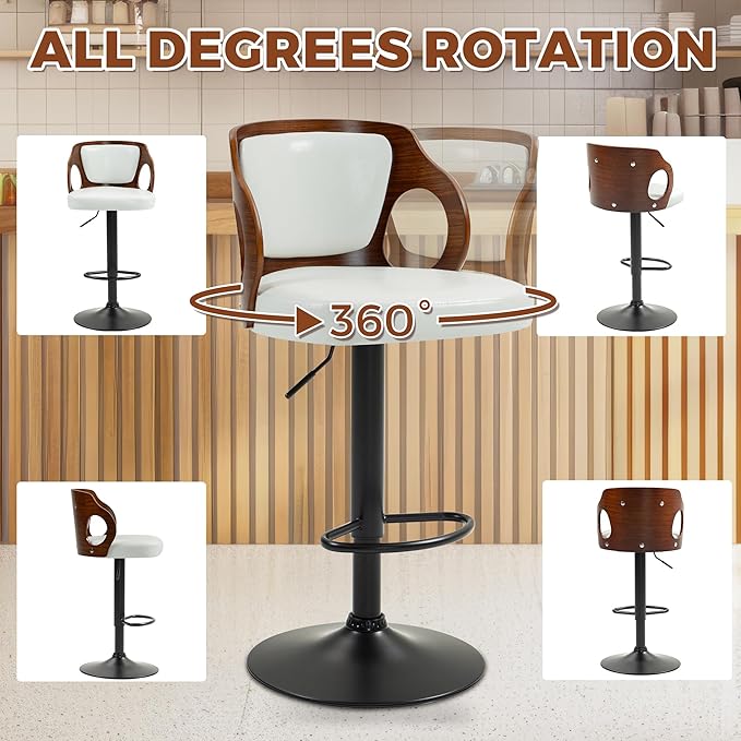 ECOTOUGE Swivel Bar Stools Set of 2, Height Adjustable Bentwood Island Stools, Modern Counter Height Bar Stools, Faux Leather Counter Stools with Back & Footrest, White