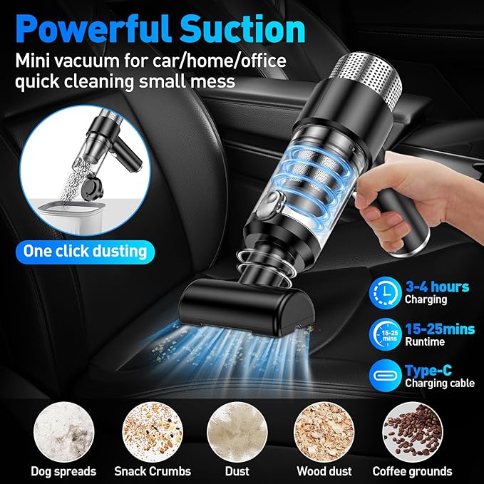 Mini Vacuum Cleaner, 16000PA Car Vacuum Cleaner Portable Cordless with LED Light, 4 in 1 Air Duster and Handheld Small Vacuum Rechargeable for Car, Home, Office, Pet（Black）