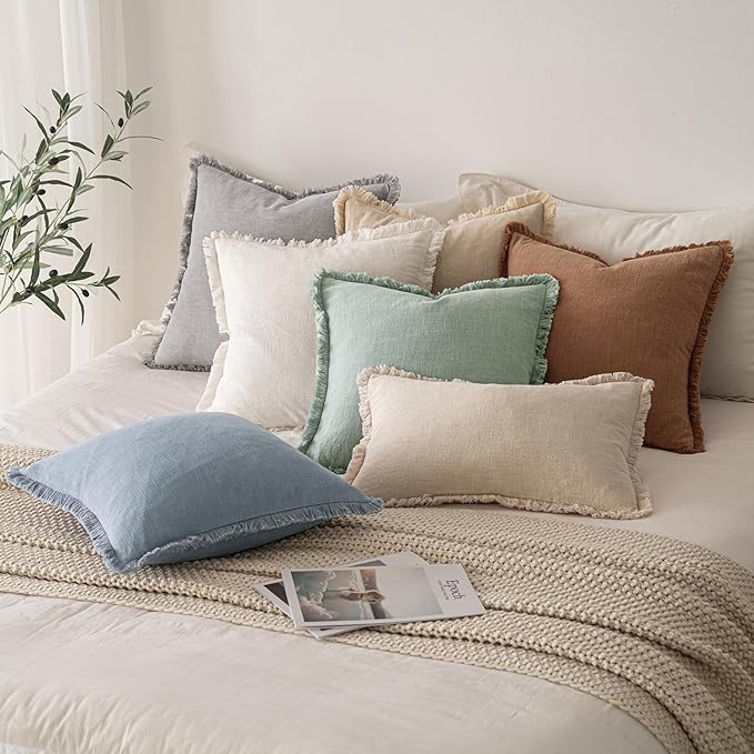 MIULEE Decorative Throw Pillow Covers Neutral Linen Fringe Throw Pillows Set of 2 Light Blue Boho Farmhouse Cushion Covers with Tassels for Couch Sofa Bed Living Room Spring Home Decor 20x20 Inch