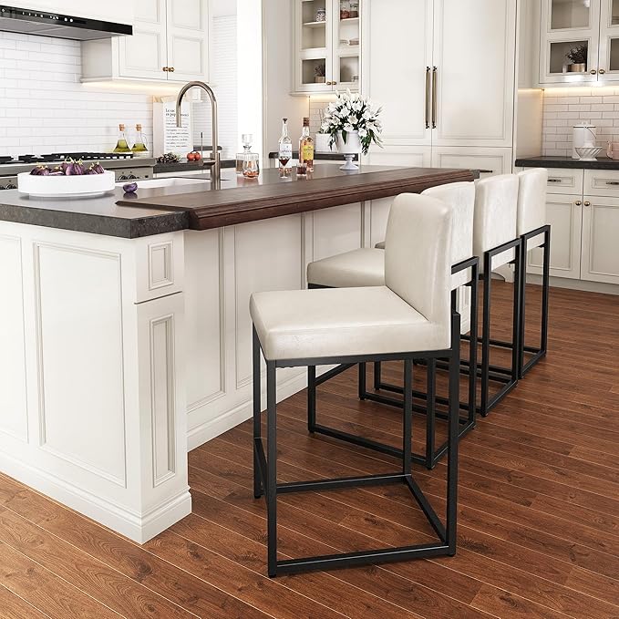 PHI VILLA Light Grey Bar Stools Set of 4, Counter Height Bar Stool Faux Leather Kitchen Bar Chairs, 24 inch Barstools with Back