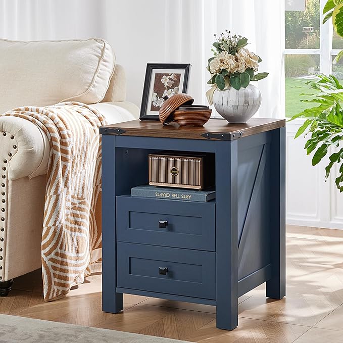 Nightstands Set of 2 with Charging Station, Farmhouse Night Stand with 2 Drawers and Shelf Storage, Wooden Side End Table, Bedside Cabinet for Bedroom, Living Room, Closet,Office (Blue)