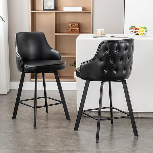 Bar Stools Set of 2, 26" Swivel Counter Height Bar Stools with High Back, Faux Leather Kitchen Barstools Counter Height for Kitchen Island (Black, 2PCS 26" Counter Stools)