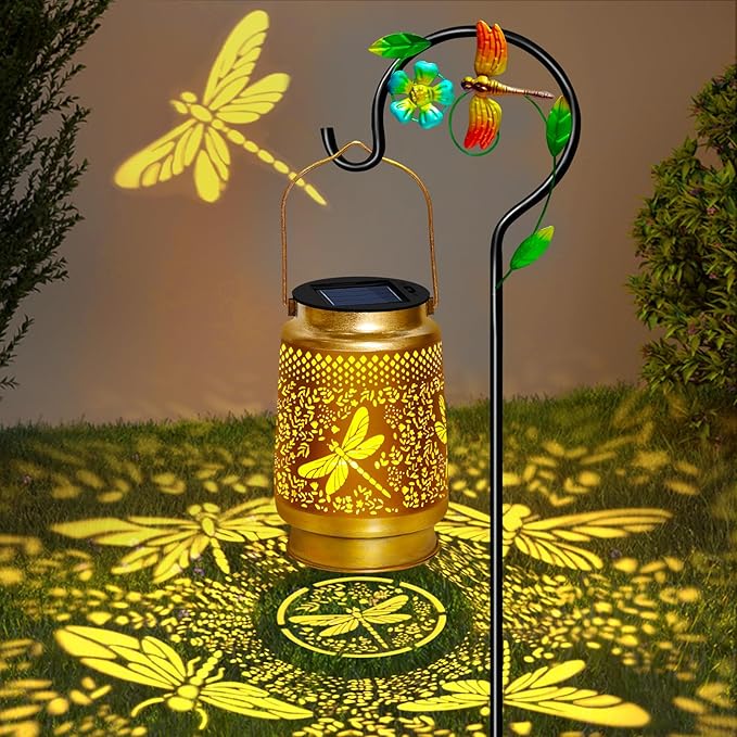 2 Packs Dragonfly Solar Lanterns Outdoor Waterproof with Shepherd Hook,Hanging Solar Lights Garden Decor,Christmas Decorations Dragonfly Gift for Women Grandma,Metal Decorative Lanterns for Yard,Patio