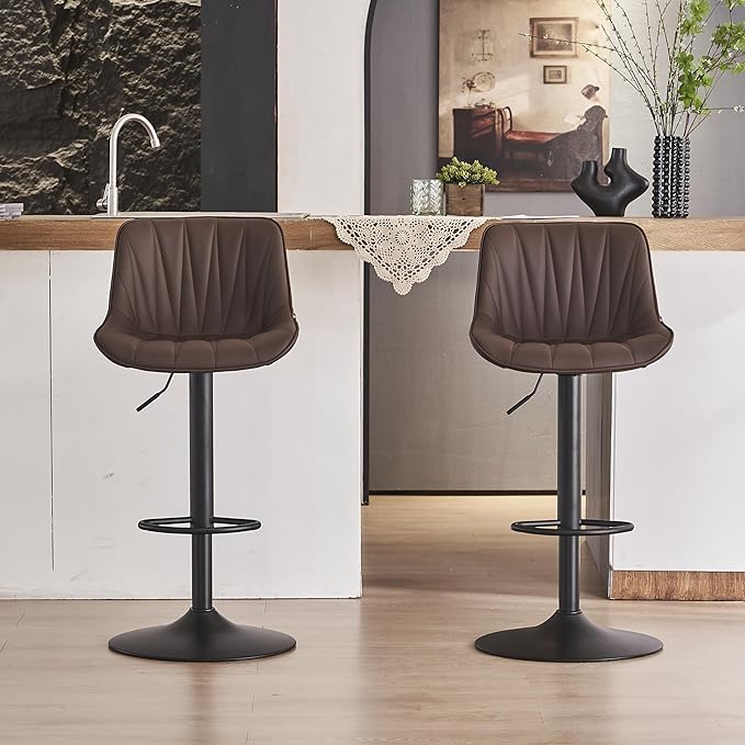 YOUNIKE Bar Stools Set of 2, Faux Leather Padded Bar Stool Counter Height Swivel Bar Chairs, Adjustable Barstools with Back for Kitchen Island, Modern Tall Bar Stools with 300LBS Support, Brown