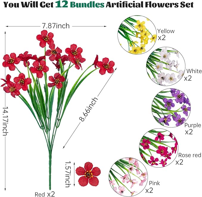 Lnoicy 12 Pcs Artificial Flowers for Outdoor,Plastic Flowers Decoration, UV Resistant Faux Flowers Shrubs, Artificial Plants for Indoor Outside Garden Home Wedding Farmhouse（6 Color）