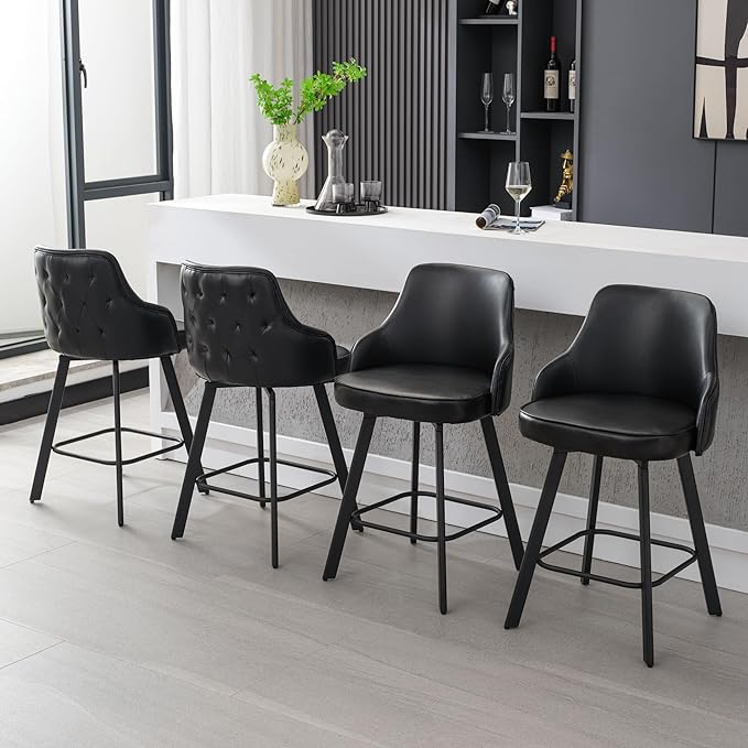 Bar Stools Set of 4, 26" Swivel Counter Height Bar Stools with High Back, Faux Leather Kitchen Barstools Counter Height for Kitchen Island (Black, 4PCS 26" Counter Stools)