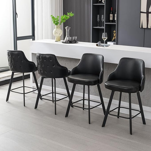 Bar Stools Set of 4, 26" Swivel Counter Height Bar Stools with High Back, Faux Leather Kitchen Barstools Counter Height for Kitchen Island (Black, 4PCS 26" Counter Stools)