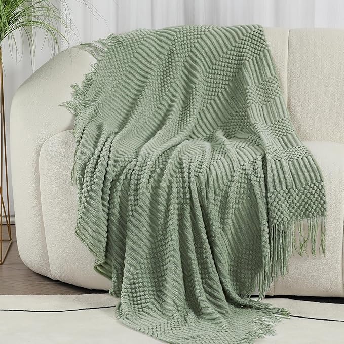 Blagic Knitted Throw Blanket for Couch, Bed and Sofa. Super Soft Blanket with Tassels, Sage Green Throw Blanket, 50 x 60 Inches Lightweight & Cosy Home Decor