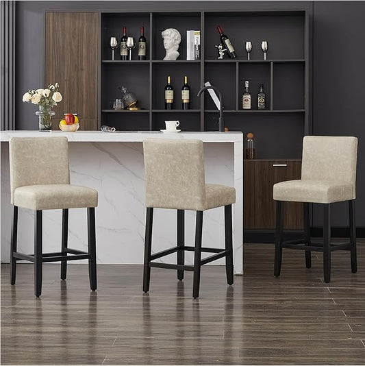 26'' Faux Leather Bar Stools Set of 3, Modern Upholstered Bar Height Bar Chairs, Soild Wood Legs Barstools with Back, Beige