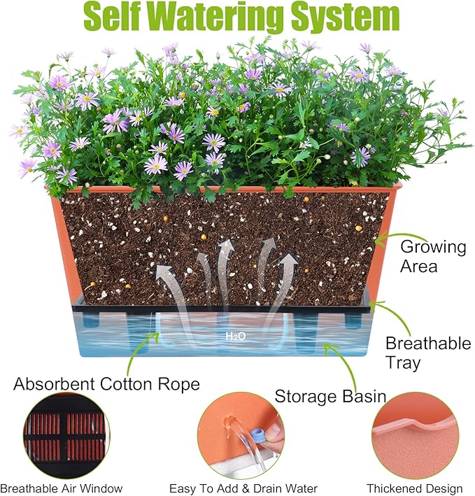 Window Box Planter 6 Pcs, 12.6 Inches Self Watering Rectangle Flower Plant Pots with Drainage Holes & Breathable Trays, Vegetable Planters for Windowsill Patio Garden Balcony Porch Yard (Orange)