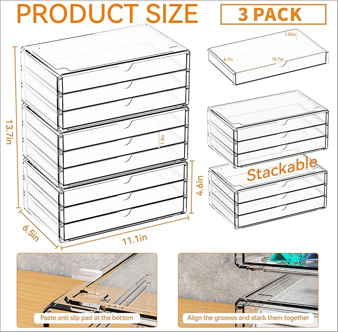 Yieach 11.1 Inch Long Clear Drawer Organizers Stackable,3 Pack Small Acrylic Drawers,School,Office Supplies Organizer And Storage Bins for Stationery,Marker,Pen,Pencil,Craft Desktop Storage Drawers