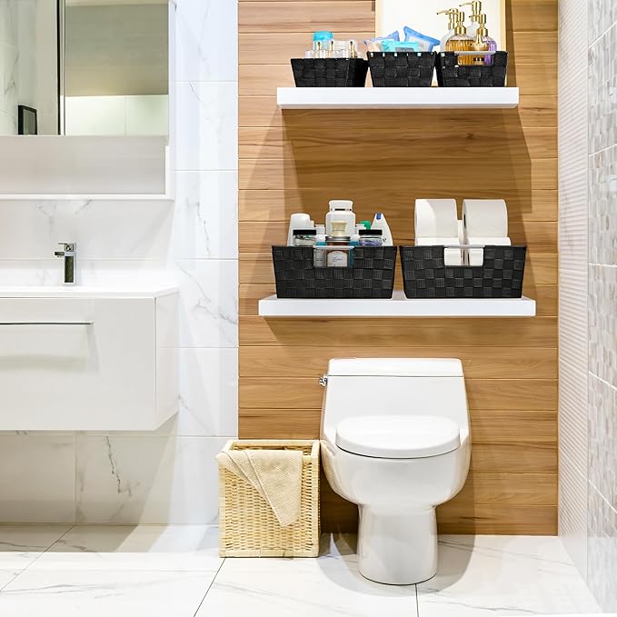 Sorbus Set of 9 Woven Storage Baskets – Mesh Hand-Woven Baskets for Organizing, Fabric Storage Bins for Linen Closet Organizer, Storage Baskets for Shelves, Home Organization and Decor (Black)