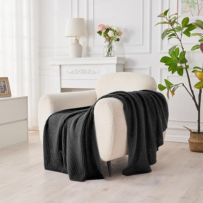 Douceur Black Throw Blanket for Bed, Soft Chunky Cable Knit Throw Blanket, Classic Fisherman's Rib Stitch Pattern Throw for Living Room Gift, 60"X80"