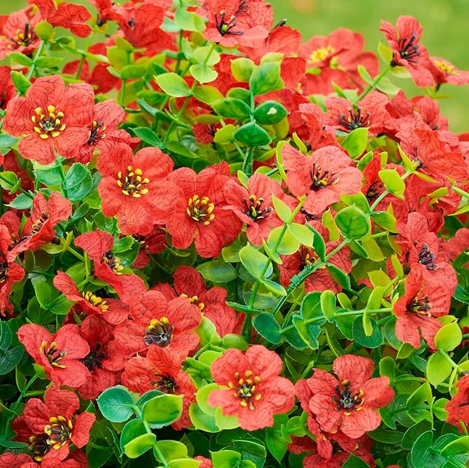 Artificial Fake Mums Plants Flowers for Outdoor Outside Fall Autumn, 12 Bundles Faux Silk Red Daisy UV Sun Resistant Look Real for Porch Patio Home Window Box Yard Planter