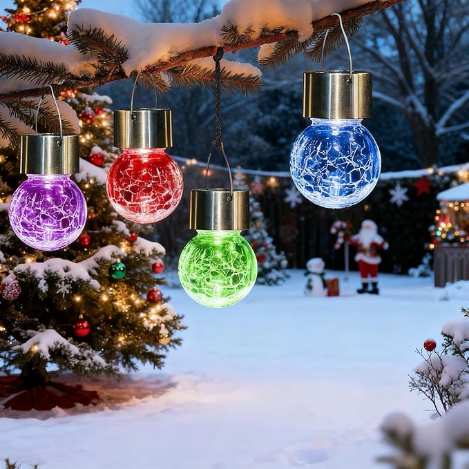 8 Pack Solar Lanterns, Christmas Decoration Lights with Multi-Color Changing Cracked Glass Hanging Ball Solar Outdoor Lights Waterproof Hanging Light for Garden, Yard, Patio, Lawn