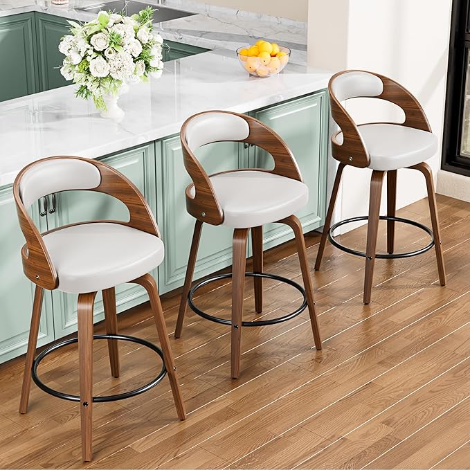 Bar Stools Set of 4, 26" Counter Height Barstools with Bentwood Legs, Swivel Counter Stools with Back, Mid Century Modern Faux Leather Upholstered Bar Chairs for Kitchen Island, White