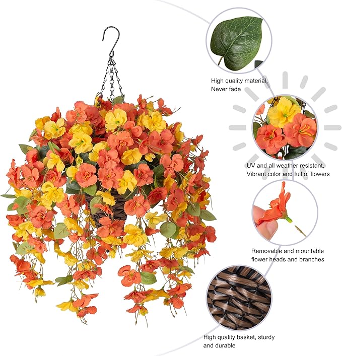 Artificial Fake Fall Hanging Flowers Plants Baskets for Outdoor Decoration, 5Pcs Faux Silk Hibiscus Long Vines in Planter Look Real for Outside Home Porch Patio Garden (YellowOrange)