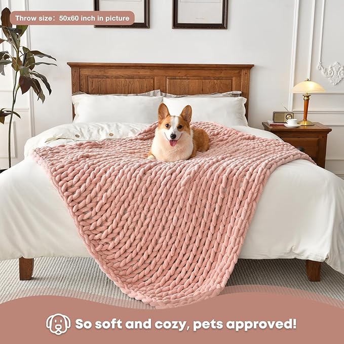 Soft Chunky Knit Blanket, 50X60 Inch Handmade Thick Chenille Yarn Throw Without Shedding & Raveling, Aesthetic & Cozy Home Decor with Couch Sofa Bed, Gift Pack, Pale Pink
