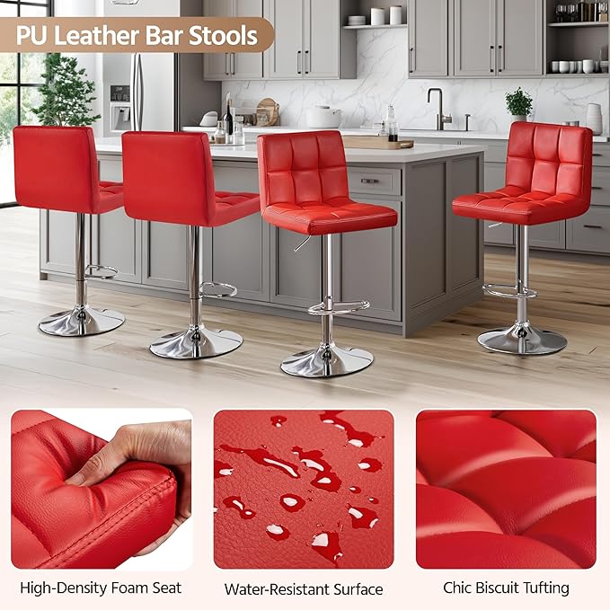 Yaheetech Bar Stools Set of 2, Adjustable PU Leather Swivel Barstools, Modern Counter Stools with Back and Footrest, Counter Height Barstools for Bar, Kitchen, Dining Room, Red