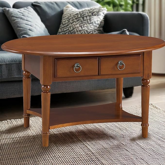 Coastal Solid Wood Oval Coffee Table with Shelf and Drawer, Rich Pecan Brown, Perfect for Living Rooms and Small Spaces – Leick Home, 20044-PC
