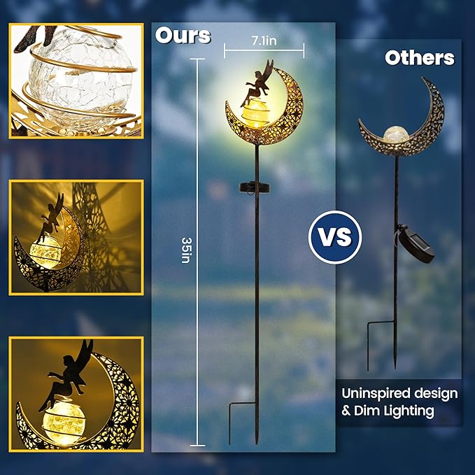 Fairy Garden Solar Lights Outdoor Moon Stakes, Waterproof Outdoor Metal Decor Gifts for Women Mom, Art Moon Sculpture for Yard, Patio, Garden, Porch, 2 Pack