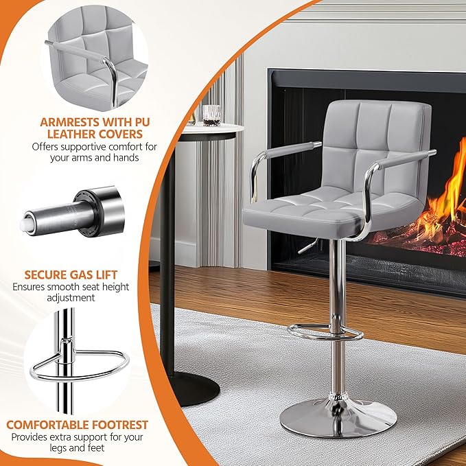 Yaheetech Bart Stools Set of 4, PU Leather Adjustable Barstools with Armrest, Counter Height Stool Chairs with Thickened Seat Cushion for Kitchen Island, Light Grey