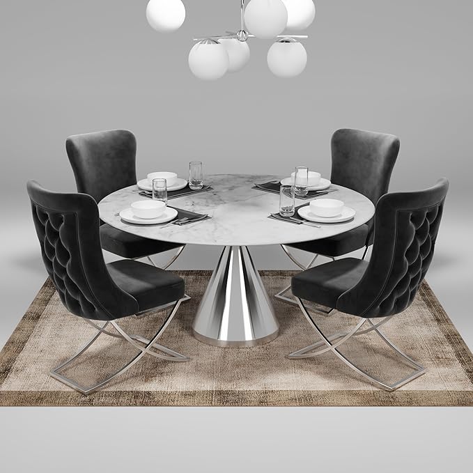 Ottomanson Royal Dining Chairs Set of 6 – Upholstered Tufted Microfiber, Assembled, Silver Metal Legs, Beech Wood Frame, 350 lb Capacity, Gray