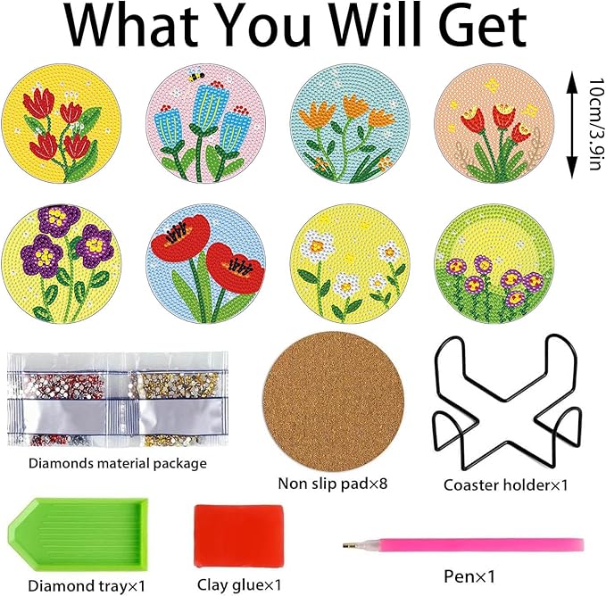 8 PCS Simple Floral Diamond Art Coasters Kits, Diamond Painting Coasters with Holder Set of 8, DIY Drink Coasters Art Crafts Supplies for Adults Cup Mat for Home Decor House Warming Gifts 3.9inch