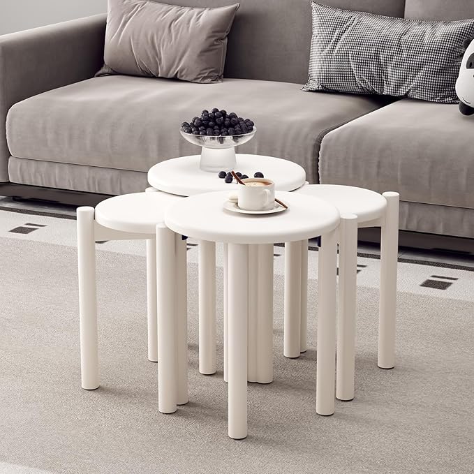Stackable Wood Round Stools Set of 4, 18 Inch Top Side Tables Sturdy and Durable, No Installation Required for Nesting End Table, Barstool, White