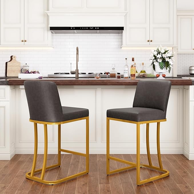 PHI VILLA Grey and Gold Bar Stools Set of 2, Faux Leather Counter Height Chairs, Kitchen Stools for Island, 24 Inch Barstools with Back