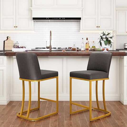 PHI VILLA Grey and Gold Bar Stools Set of 2, Faux Leather Counter Height Chairs, Kitchen Stools for Island, 24 Inch Barstools with Back