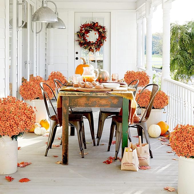 Uieke 72 Bundles Artificial Fall Flowers for Outdoors UV Resistant No Fade Faux Autumn Plants for Outside Home Garden Wedding Party Fall Décor (Orange)