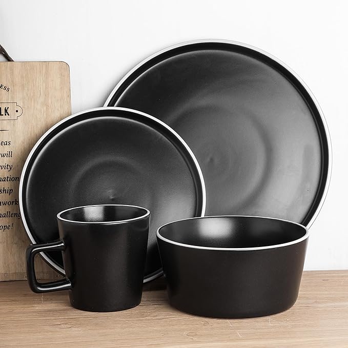 Stone Lain Allison Stoneware Dish Set, 32-Piece Round Dishes for 8, Black and White