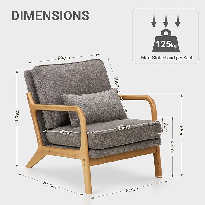 Modern Accent Chair with Lumbar Pillow, Relaxing Mid Century Chair Armchair with Solid Wood Frame & Soft Cushion, Reading Leisure Armchair for Living Room, Grey