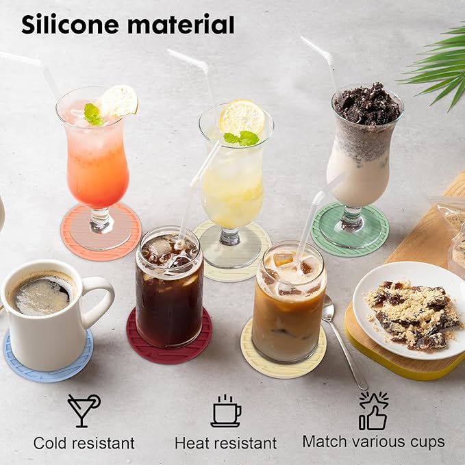 Silicone Coasters for Drinks Coaster Set of 6 pcs Cup Coasters with Holder for Coffee Table for Home Decor for Kinds of Cups Cute Tabletop Protection Suitable Gift for Friend Rubber Drink Coaster Set